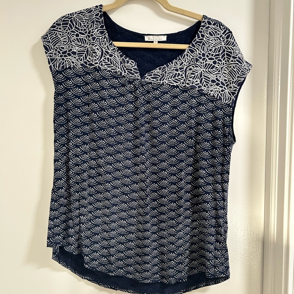 Skies Are Blue Navy and White Blouse with Floral Accents